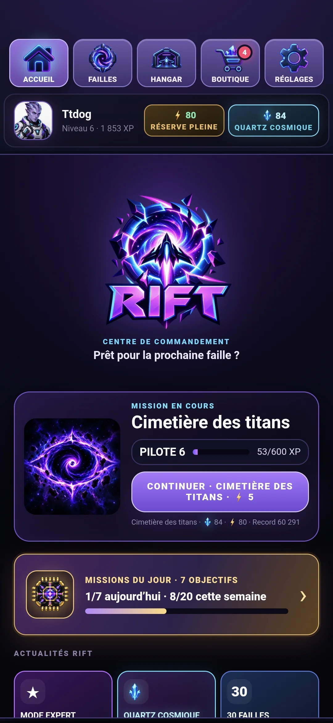 Écran d’accueil de Rift avec mission en cours et objectifs quotidiens