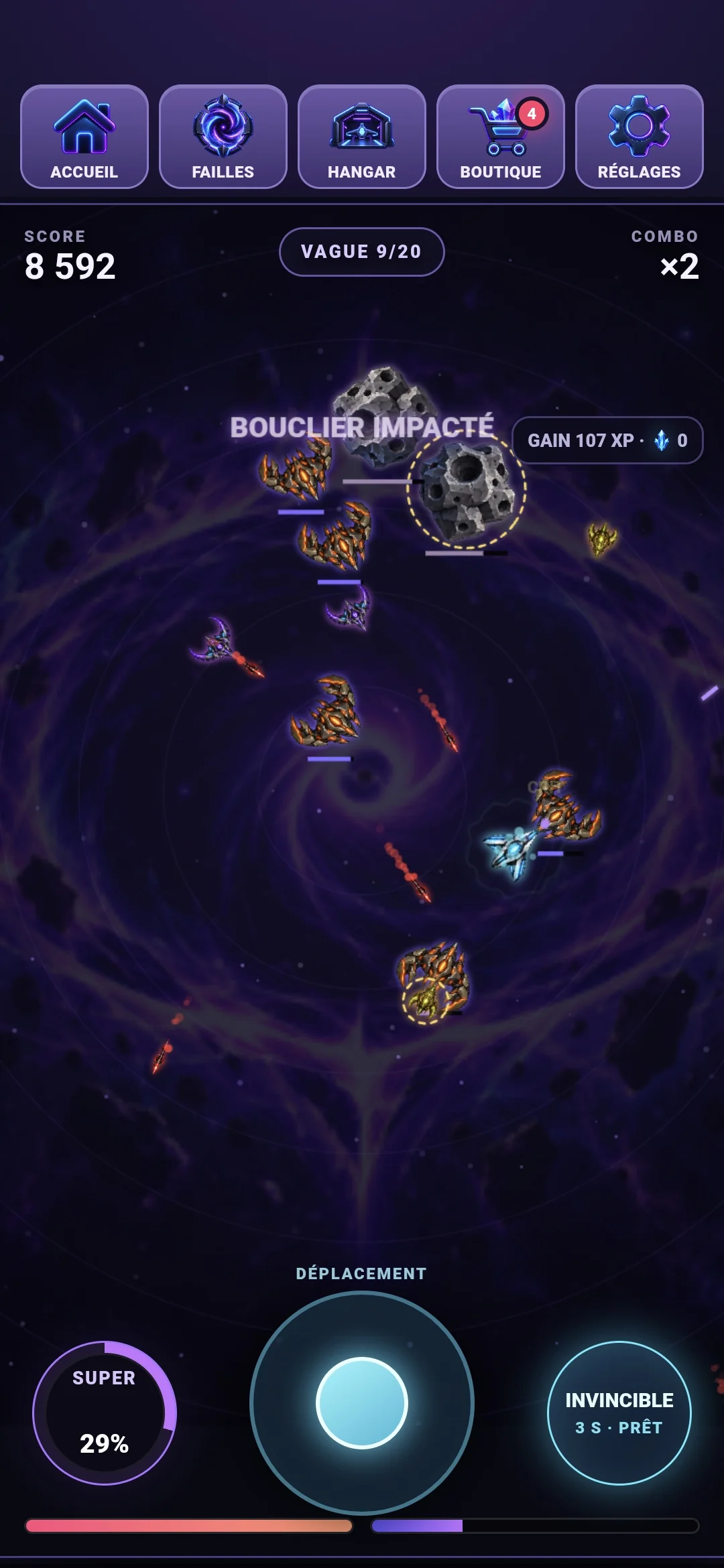 Vaisseau de Rift en combat face à des ennemis et astéroïdes