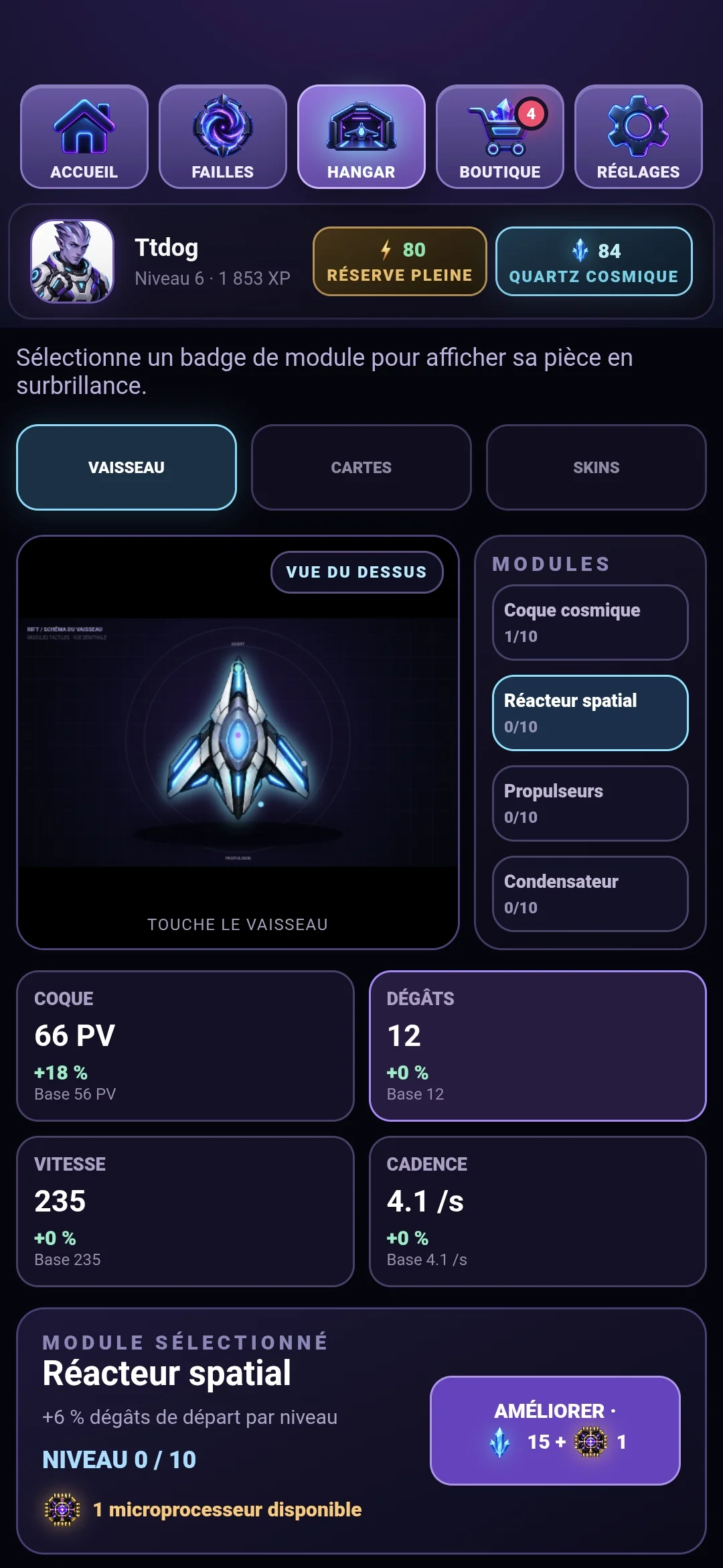 Hangar de Rift avec vaisseau, modules et améliorations